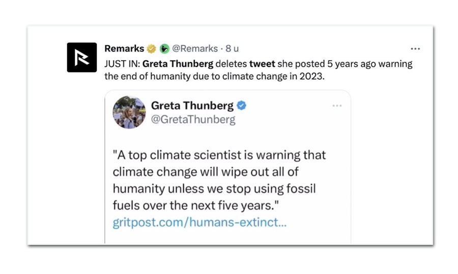 Realists in tribal ecstasy.  Greta’s media team (she never tweets herself) removes 2018 tweet